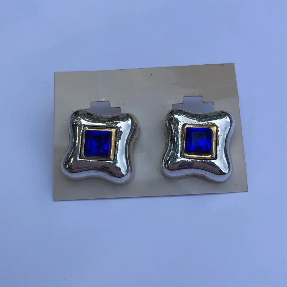 Clip on earrings Royal Blue emerald cut polished silver rounded square colbalt - Picture 5 of 5